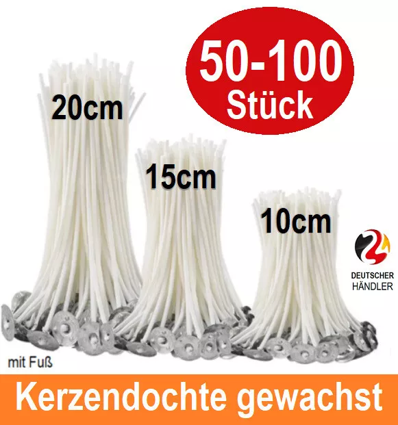 Kerzendocht gewachst mit Fuß 50-100 Stück 10cm 15cm 20cm Baumwolle Docht Kerzen