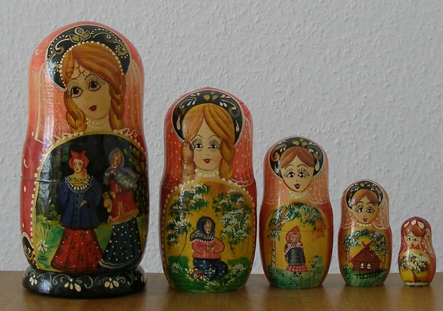 Matroschka! Russische Matrjoschka! Babuschka!5 Puppen. HANDGEMALT&SIGNIERT 18 cm 2