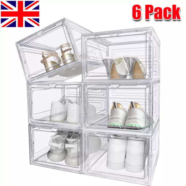 6 Pack Transparent Shoe Storage Boxes Hard Plastic Stackable Shoe Box Organiser