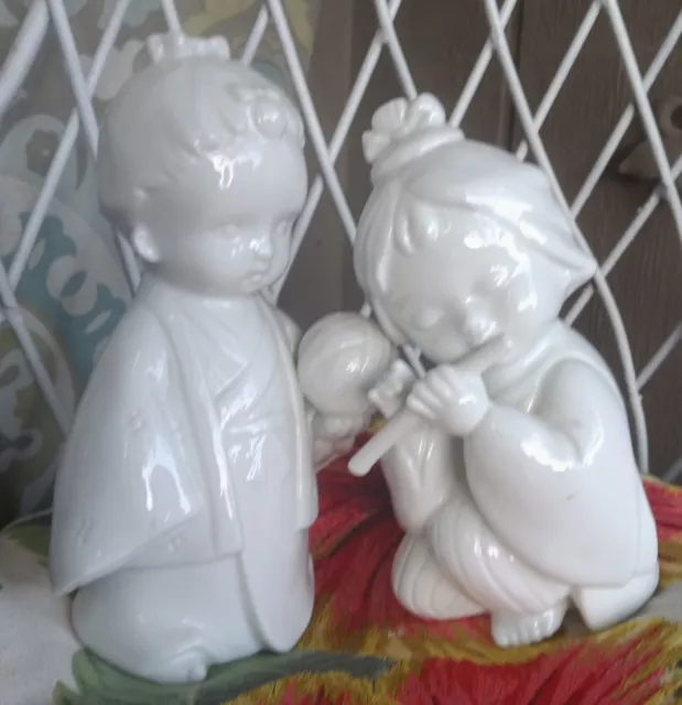 2 Vintage Toya Porcelain Japanese Figurine Boy doll & Ball, Girl Playing Flute.