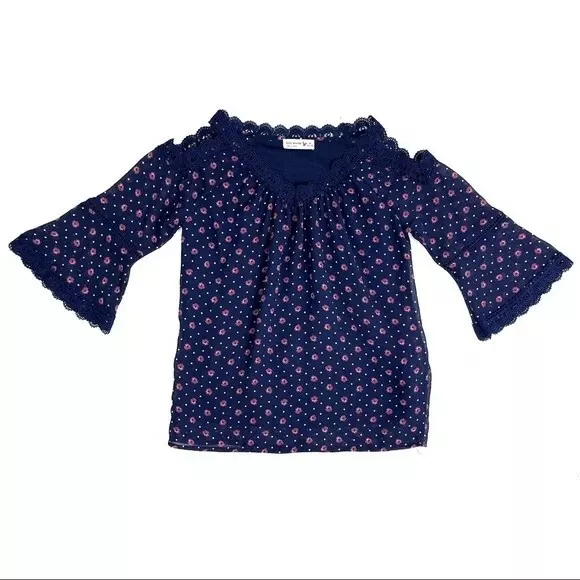 Knit Works Girls Blue Floral Polka Dot Cold Shoulder Blouse Size L - Plus 14 - 1