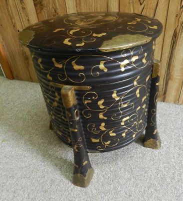 Vintage Xlarge Asian Black Laquer Gold Leaf Hand Painted Brass Acents Round  Box