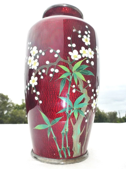 AMAZING Vintage Japan Ginbari Cloisonne Vase Blood Red Enamel Flower Japanese AMAZING Vintage Japan Ginbari Cloisonne Vase Blood Red Enamel Flower Japanese