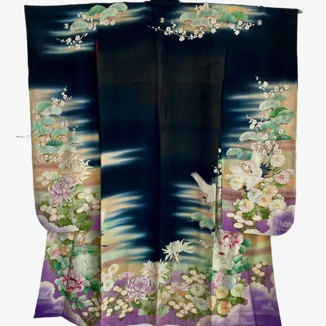 Japanese Antique Furisode Kimono Pure Silk Hand-Paint Crane Plum Peony