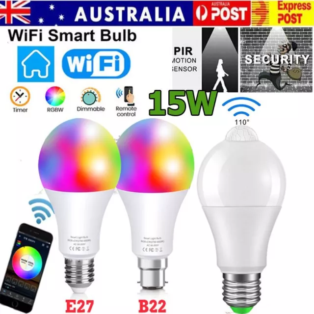 Wifi Smart E27 B22 15W PIR Sensor Motion Smart LED Bulb Light Lamp Globe Bulb AU