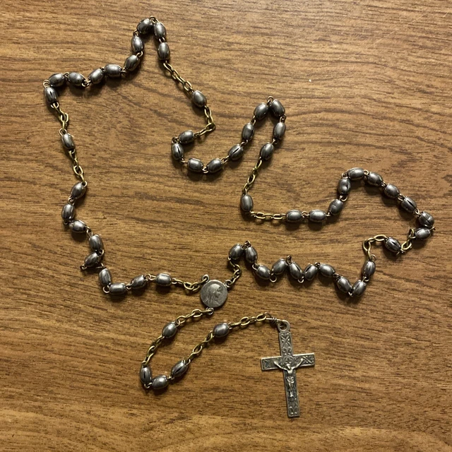Antique Vintage Rosary Prayer Beads w/ Sterling? Crucifix Brass Chain Roma A9a