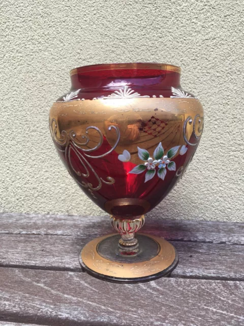 Moser Bohemian Enamel Gilded Art Cranberry Glass Mantelpiece Pedestal Vase