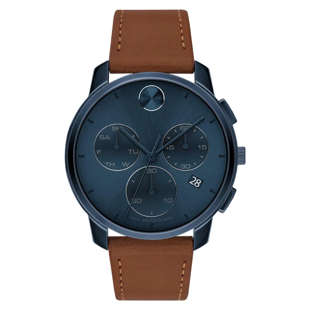 Movado Bold Thin Chronograph Blue Dial Leather Strap Mens Watch 3600630 $695 NEW