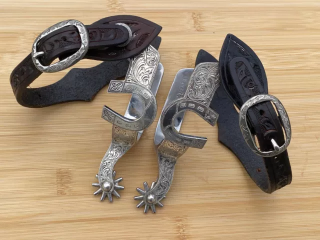 STUNNING Ladies E.GARCIA Silver Western Show Spurs w Lucky Horse Shoes