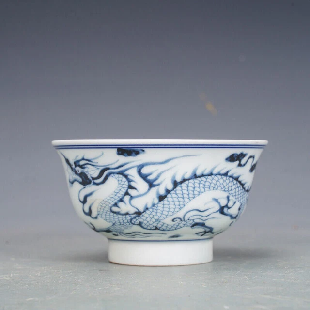 4.3" Collection Chinese Yuan Blue-and-white Porcelain Animal Dragon Bowl