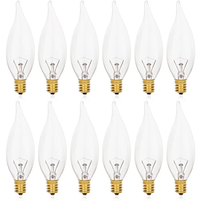12-Pack Clear Incandescent Light Bulbs, E12 Base, 40W Candelabra Flame Tip