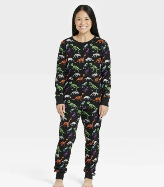 Hyde and EEK Women's Pajama Set Size LG Black 2-Pc Halloween Dinosaur Skeleton