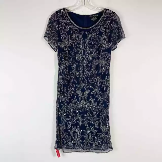 Pisarro Nights NWOT Beaded Mesh Cocktail Dress Navy Size 6