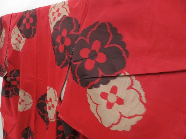 2924T06z650 Vintage Japanese Kimono Silk MEISEN KOMON Flower Dark red 2