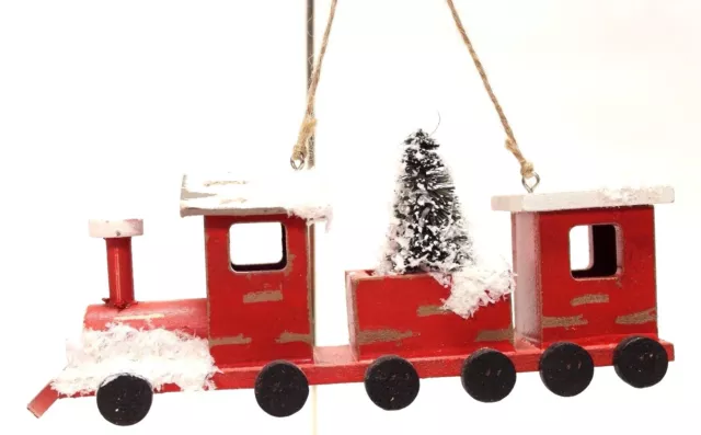 7" RED WOODEN NORTH POLE HOLIDAY TRAIN w/TREE FOLK ART CHRISTMAS ORNAMENT