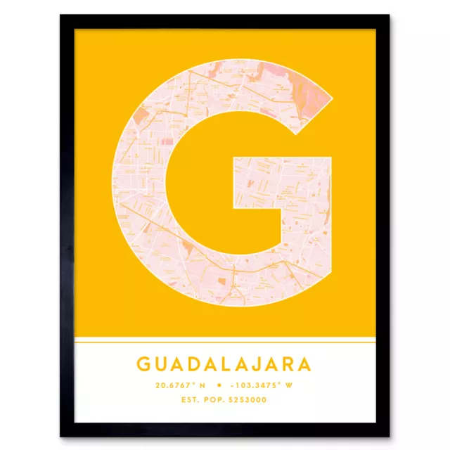 Guadalajara Mexico City Map Typography Framed Wall Art Print 12x16 In