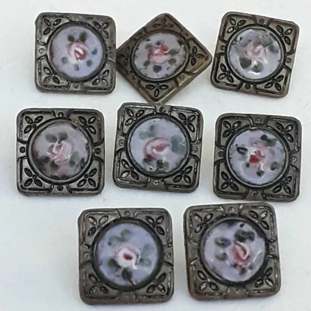 Lot 8 Bouton Émaillé Ancien rose peint emaux cuivre ? AP&C métal 9mm petit 19e ?