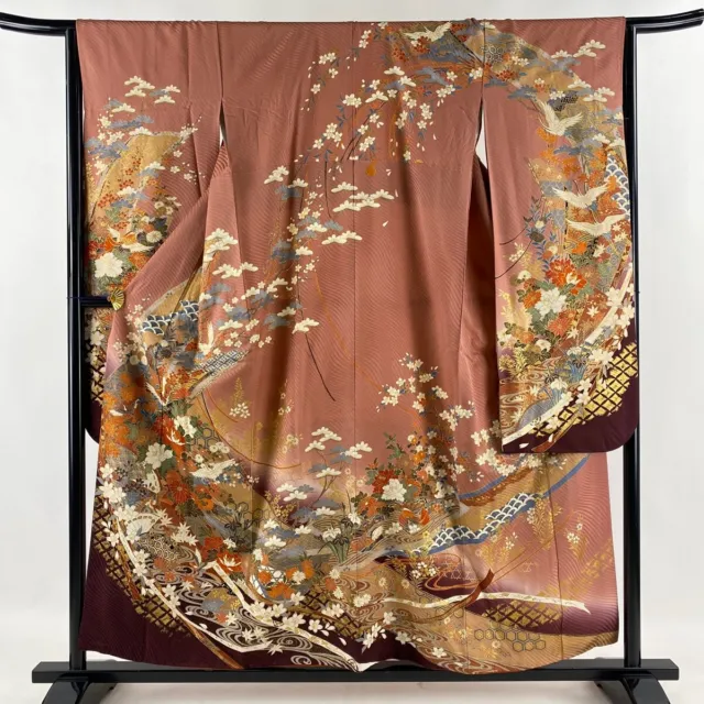 Japanese Silk Kimono Vintage Furisode Gold Red Flower Grass Crane Pink 62" EX