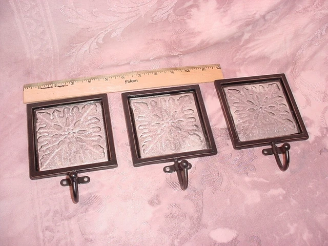 Decorative Wall Hooks 3 Piece Lot Molded Glass Dark Metal
