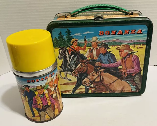 Vintage 1963 Bonanza Metal Lunchbox & Thermos (Green Band)