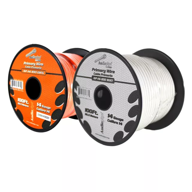 Bote de cable remoto de alimentación a tierra primaria Audiopipe (2) 14ga 100 ft CCA naranja/blanco