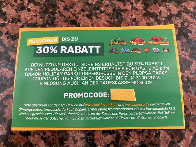 5 x 30 % Rabatt Gutschein Coupon Holiday Park Majaland Plopsa Indoor Plopsaland