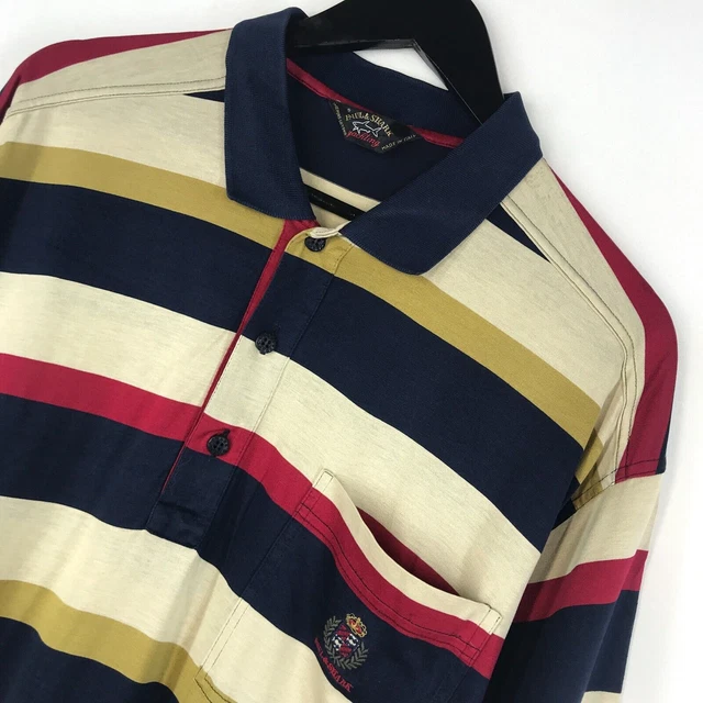 Men's VTG Paul & Shark Yachting Polo Shirt Beige Navy Short Sleeve Shirt Size L