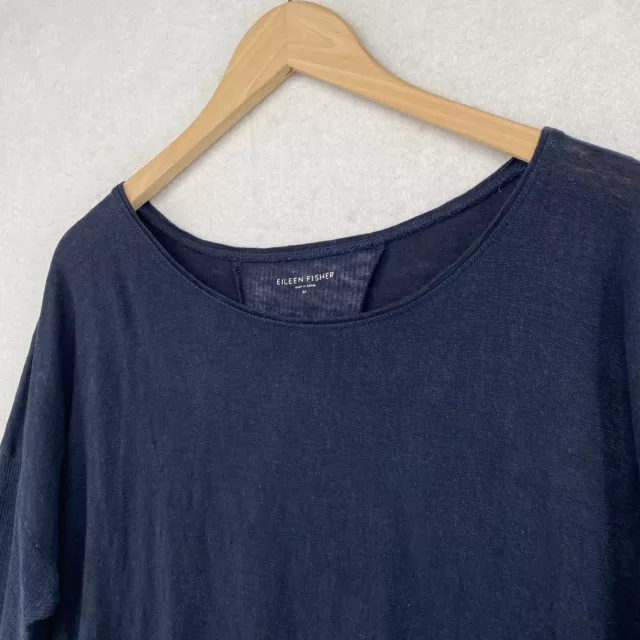 EILEEN FISHER Top M Linen Slub Jersey Tunic Round Neck Long Sleeve Navy Blue 2