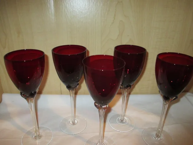 5 Murano Art Glass Hand Blown Clear Ribbed Stem Tall 8 3/4” Wine Glass Ruby Red