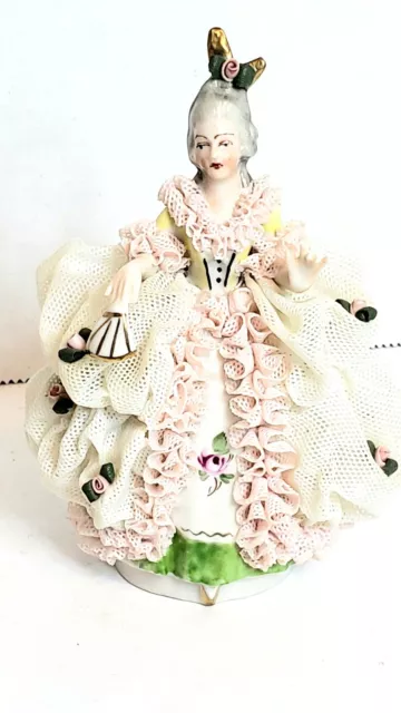 Vintage All Dresden Porcelain Lace Figurine Woman With Fan 4.25"