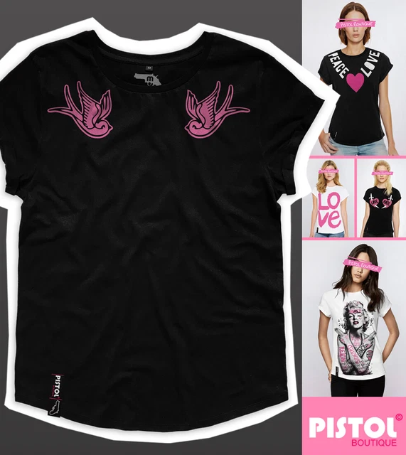 T-shirt Homme Pistol Boutique - Noir Ras De Cou - Motif Tatouage Hirondelles - Neuf Avec étiquette