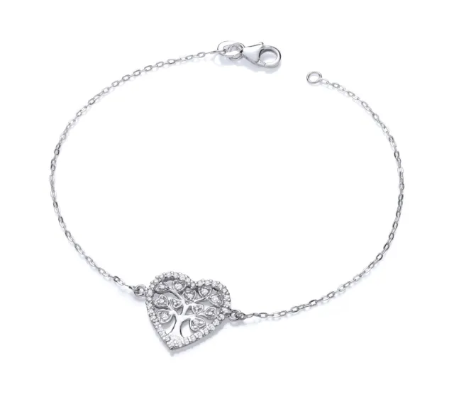 925 Sterling Silver CZ Tree of Life Heart Shaped Ladies Bracelet - 7.5 inch