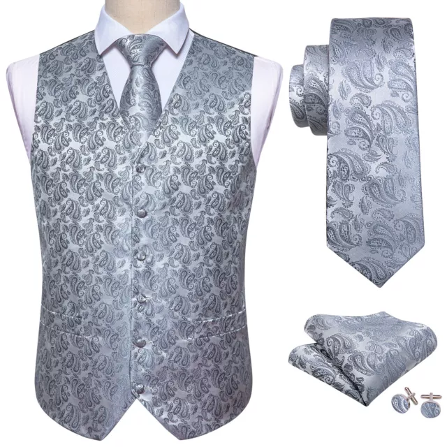 Gilet da uomo grigio/argento Paisley set cravatta jacquard gilet smoking lavoro