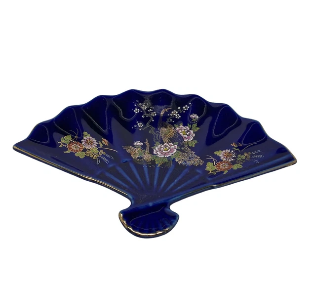 VTG M Cobalt Blue Porcelain Fan Shaped Trinket Teal Floral Peacock Design