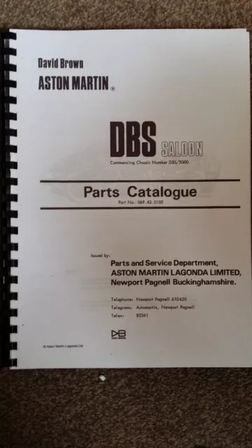 Aston Martin Dbs Saloon Parts Manual Reprinted A4 Comb Bound - From Dbs/5000