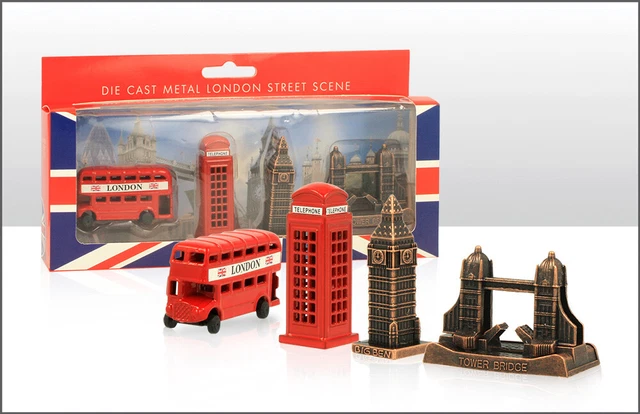 Londra 4 Metallo Modelli Autobus Cabina Telefonica Big Ben Tower Bridge Souvenir