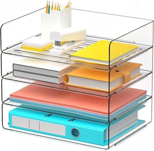 Clear Letter Rack CLEAR LETTER TRAY Paper Organizer 4-Tier Stackable File Desk Organizers ...