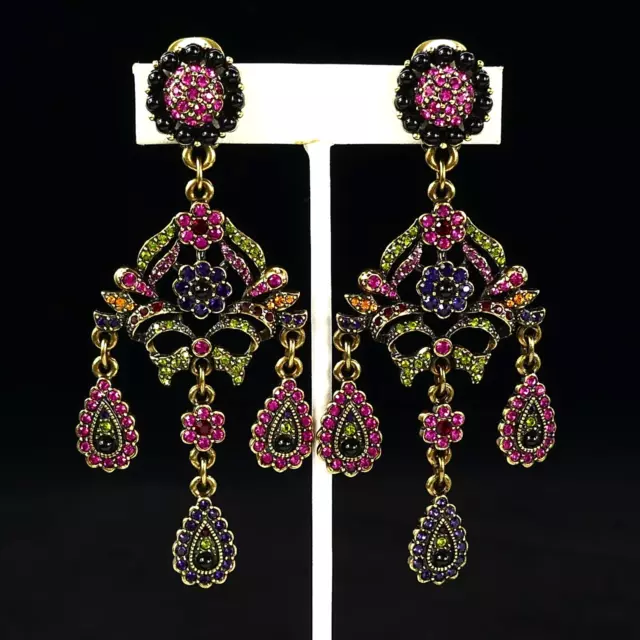 Heidi Daus Purple Pink Crystal Black Bead Chandelier Dangle Clip 4" Earrings