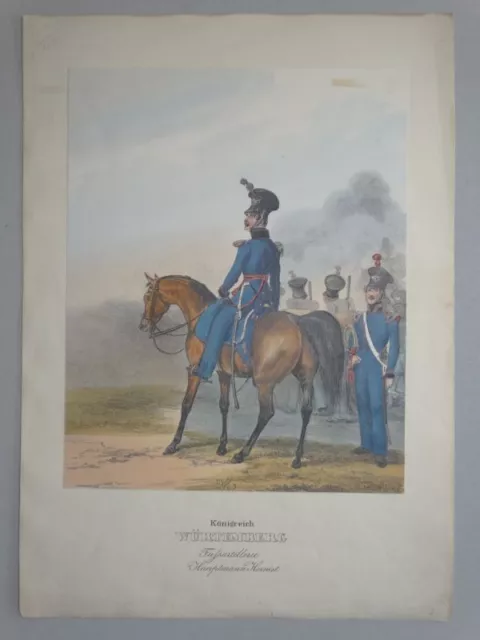 Württemberg Fußartillerie Hauptmann - kol. Lithographie - Monten Bundesheer 1840