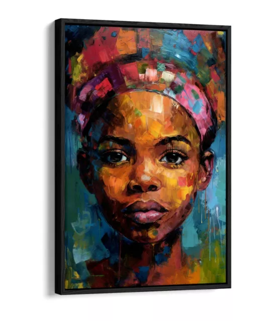 African Girl Expressionist Painting -Float Effect Framed Canvas Wall Art Print