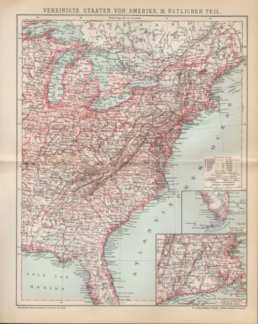 Landkarte map 1895: VEREINIGTE STAATEN VON AMERIKA.Wisconsin Illinois Nord West