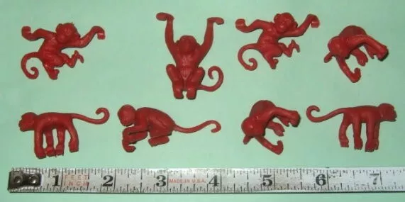 8 Orig. Old Marx RED MONKEYS For Jungle or Circus or Pet Shop Playsets etc