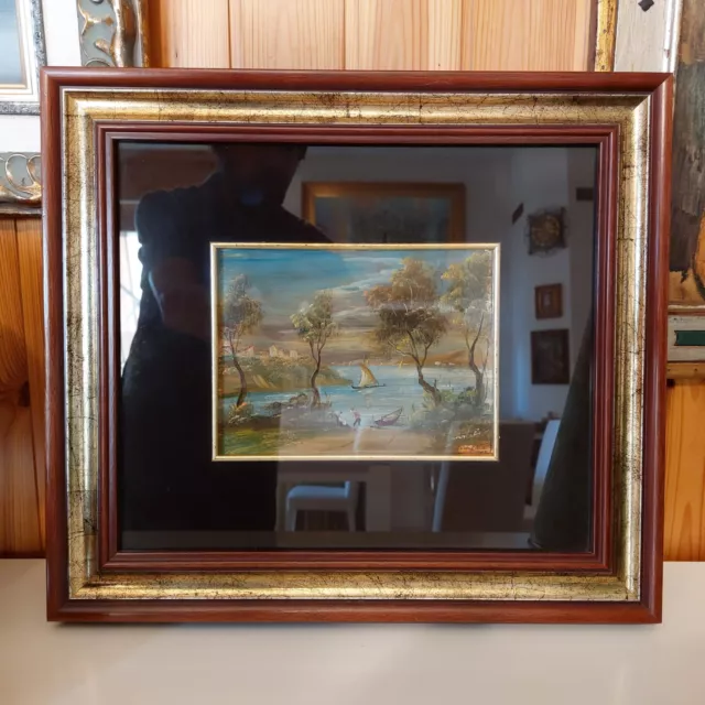 Quadro Antico anni 60 - Paesaggio con lago - dipinto olio su rame - cm 44x38