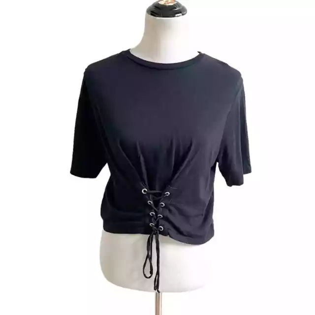Zara Black Lace Up Cropped Short Sleeve Size Large Bohemian Festival