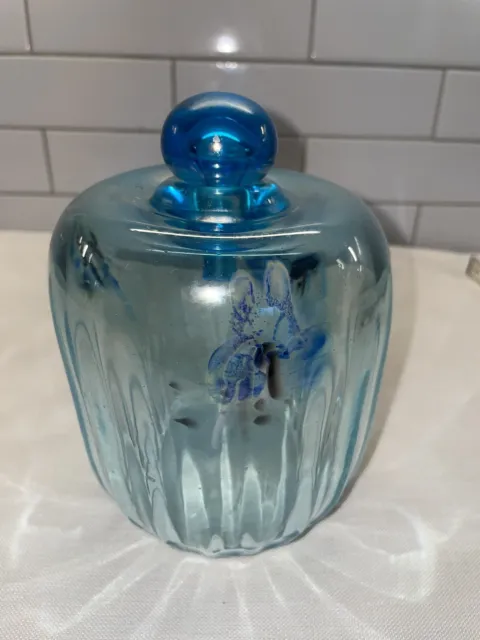 Vernon Brejcha Hand Blown Blue Iridescent Art Glass Jar, 6”x4”, Stunning!