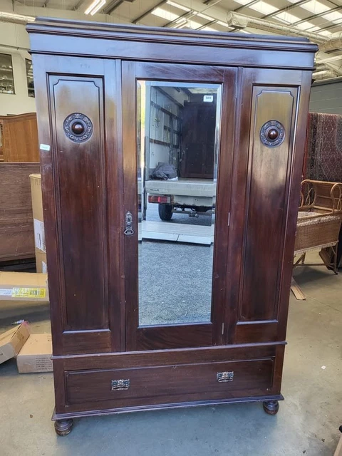 Antique Edwardian dark mahogany single wardrobe mirrored door bun feet drawer