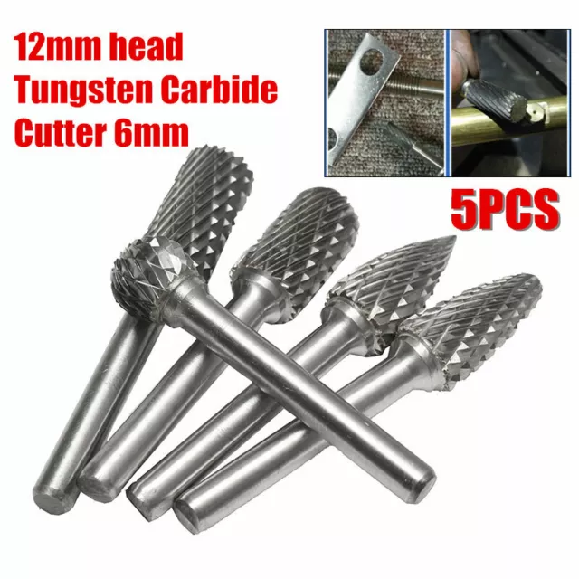 5pcs/set Head Tungsten Carbide 12MM Rotary Point Burr Die Grinder 6mm Shank Bit 2