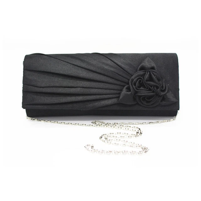 Women Ladies Silk Rose Pattern Casual Clutch Purse Chain Handbag Wedding Party