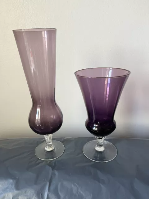 2 X Vintage Purple Art Glass Goblet Vases Mid Century