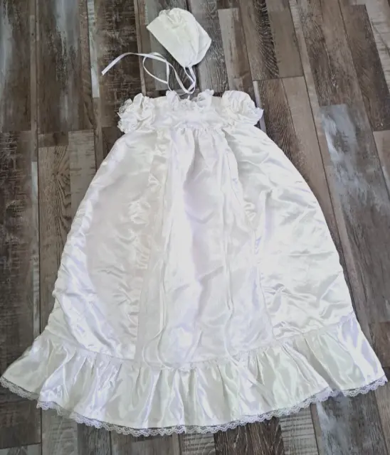 Baby Infant Baptismal Christening Gown W Bonnet White Satin Lace Nursery Gift